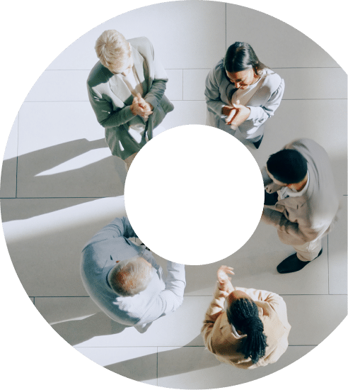 aerial view of coworkers discussing